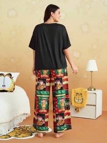 GARFIELD | SHEIN Plus Size Women Christmas Cartoon Pattern Drop Shoulder Loose Top And Wide Leg Pants Pajama Set - Black - View 3