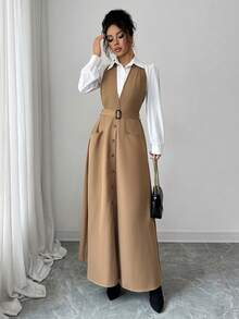 Elenzga Robe mi-longue évasée élégante pour femmes avec col ras-du-cou, ceinture et poches. Ensemble 2 pièces avec chemise blanche. Tenue de bureau/travail