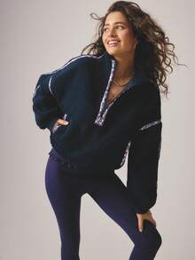 Aralina 休闲服秋冬半拉链花卉印花蓬松羊毛夹克，带内部拉绳，健身房锻炼舒适机场服装 - 寶藍色 - 查看 6