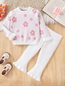 Conjunto de Suéter de Manga Longa com Gola Redonda e Estampa Floral Rosa e Calça Combinando para Meninas Jovens, Caimento Solto, Macio e Confortável, Adequado para Primavera/Outono, Uso Diário, Exterior, Viagem, Férias, Casa, Creche, Brincadeira - Rosa Bebê - Visão 3