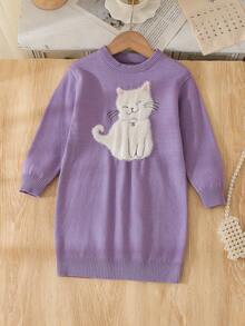 SHEIN Vintaside Kids Girls Toddlers Knitted Sweater Dress For Back-To-School,Autumn Adorable Fluffy Kitten Cartoon Baby Purple Jumper For School,Baby Soft Cat Outfit - Purple - View 8