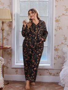 CottageSlumber Floral Print Open Front Collar Long Sleeve Top & Pants Plus Size Pajama Set Fall Winter Clothes - Multicolor - View 4