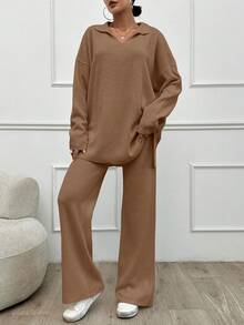SHEIN Tall 2pcs/Set Solid Color Turn-Down Collar Sweater And Long Pants Outfit,Petite,Winter Clothes - Camel - View 4