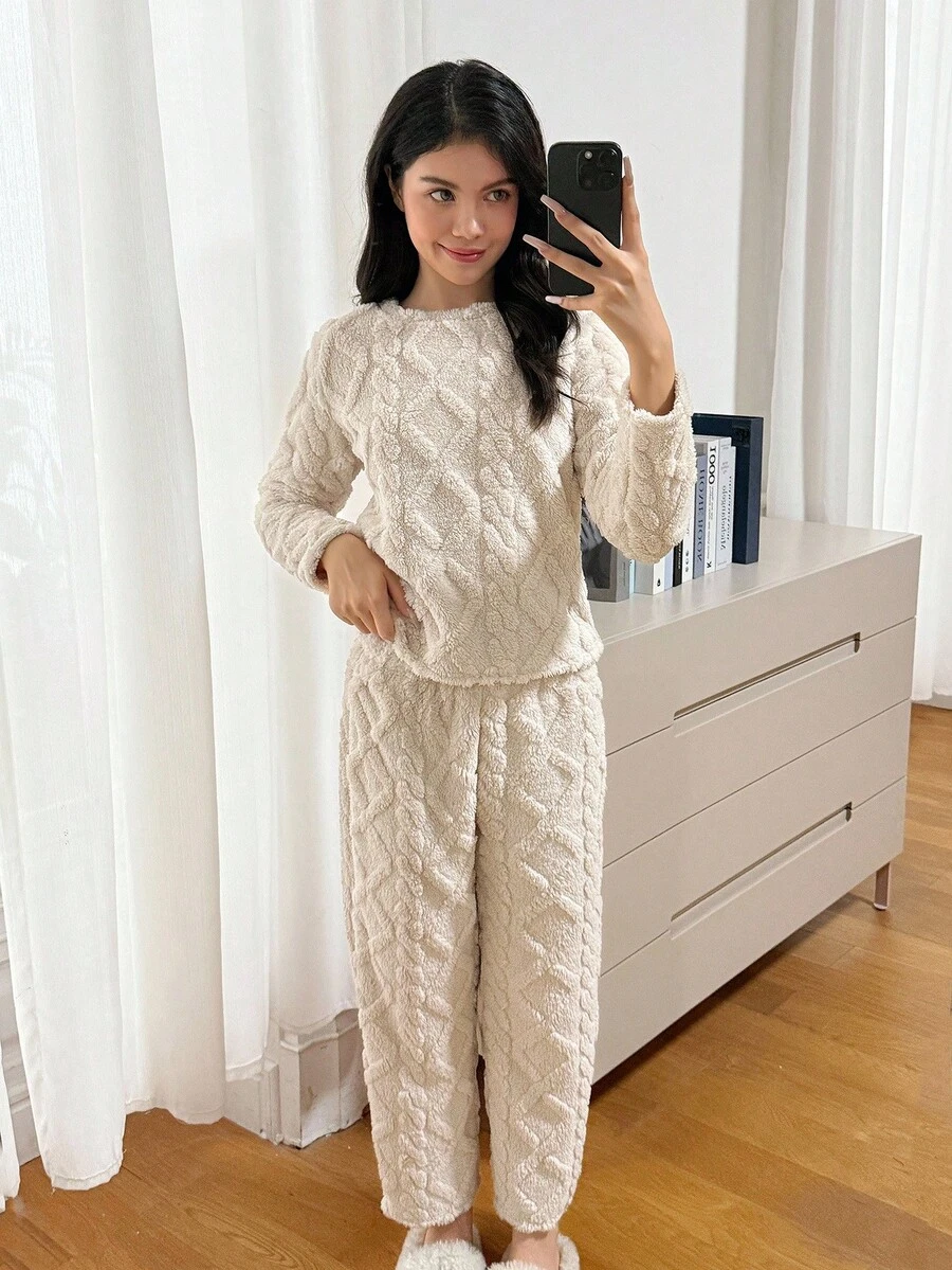 Tween Girl Autumn/Winter Sweet Minimalist Crew Neck Long Sleeve Top And Soft Cozy Fleece Lounge Pants 2 Pieces Pajama Set, Sibling Outfits (2 Pieces Sold Separately) Women 2 Piece Pajama Set Soft Pajamas Set Two Piece Sleepwear Set Pajama Set For Woman Knit Matching Set Knit Lounge Set Sleep Wear Women 2 Piece Set Tween Matching Set Knit - Beige - View 1