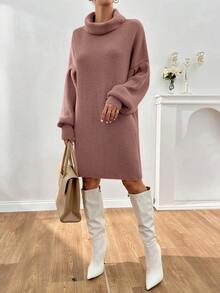 EURMUSE Vestido de suéter con cuello alto y mangas abullonadas para mujer - Rosa vieja - Ver 4