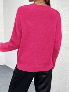 EMERY ROSE Women's Casual Solid Color Long Sleeve Pullover Sweater - Hot Pink - View 2
