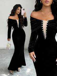 Selianne Váy trễ vai nhung đính ngọc trai, thiết kế bó eo, viền đuôi cá, thanh lịch và duyên dáng, thích hợp cho sinh nhật, hẹn hò, tiệc tùng, lễ tạ ơn, những dịp trang trọng - màu đen - Xem 1