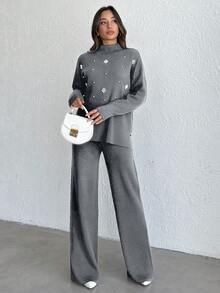 SHEIN Tall Women's Pearl Beaded Knit Sweater 2pcs/Set,Petite Co Ord,Co Ord,Petite,Winter Clothes, Tall Women - Light Grey - View 3