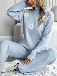 EURMUSE Women Baby Blue Knit Sweater With White Daisy Embroideries And Wide Leg 2Pcs Setl - Baby Blue - View 1