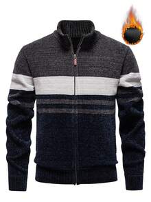 Calvornis Chaqueta de forro polar con cremallera, cuello alto y diseño de rayas de contraste para hombre, otoño/invierno - Azul Marino - Ver 1