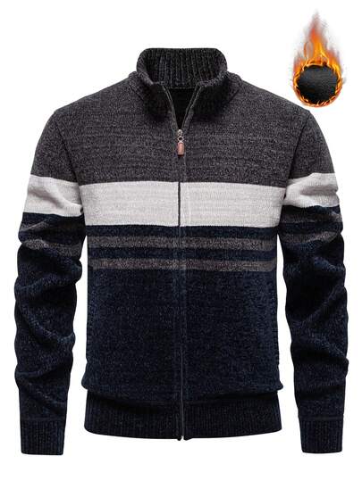 Manfinity Mode Men's Contrast Stripe Pattern Zip-Up High Collar Fleece Cardigan, Autumn/Winter