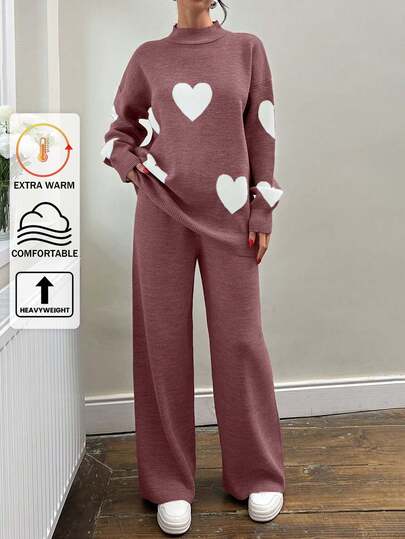 EURMUSE Women Round Neck Drop Shoulder Heart Pattern Sweater And Weater Pant 2 Pieces Outfit Sets Co-Ords,Petite,Winter Clothes