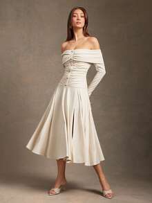 L'Amorae 女士拉绒针织低腰露肩中长连衣裙，带五金细节 - 米色 - 查看 4