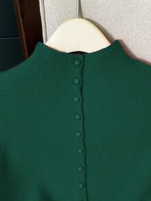 Franclia 休闲宽松高领无袖针织纽扣设计红色女式毛衣上衣，春秋 - 墨綠色 - 查看 3