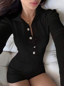 Flirla Women's Solid Color Front Button Fashionable Knitted Long Sleeve Fitted Jumpsuit