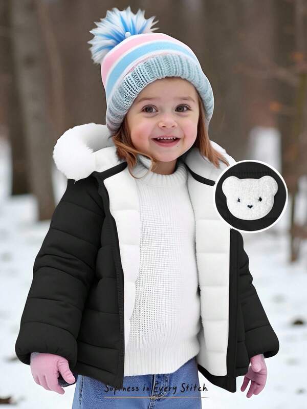 Cozy Pixies Chaqueta gruesa y cálida con capucha, manga larga y forro térmico con diseño de conejo de dibujos animados para bebé niña
