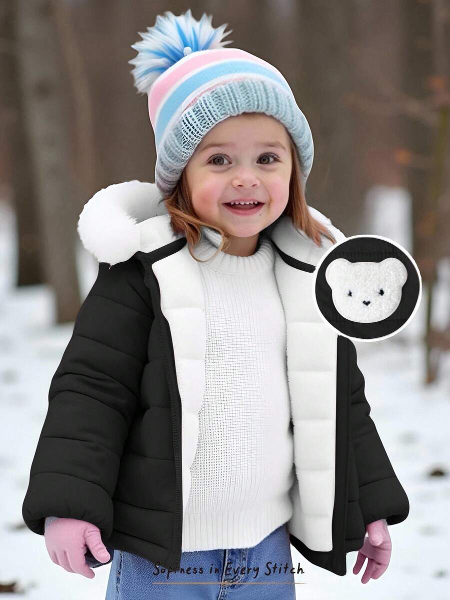 Cozy Pixies Chaqueta gruesa y cálida con capucha, manga larga y forro térmico con diseño de conejo de dibujos animados para bebé niña - Negro - Ver 1