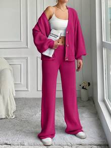 EURMUSE 2pcs Women Sweater Set, Solid Color Cardigan And Knit Pants,Petite,Winter Clothes - Hot Pink - View 4