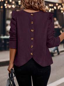 SHEIN Clasi Plus Size Women Regular Ruffle Hem Long Sleeve Shirt, Autumn/Winter - Burgundy - View 2