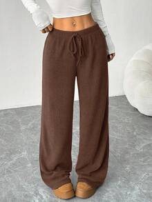 SHEIN EZwear Quần ống đứng ống đứng đơn sắc mới cho nữ, cạp chun co giãn, dây rút, dáng rộng, quần bó ống rộng màu nâu, quần ống rộng màu nâu, quần dệt kim, quần nỉ ống rộng màu nâu, quần dệt kim nữ, quần dệt kim ống rộng, quần dệt kim nữ, quần dệt kim màu nâu - màu nâu - Xem 5