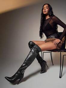 SHUZIA Women's Glamorous Pointy Toe Stiletto Heel Sexy Overs Knee Boots - Black - View 1