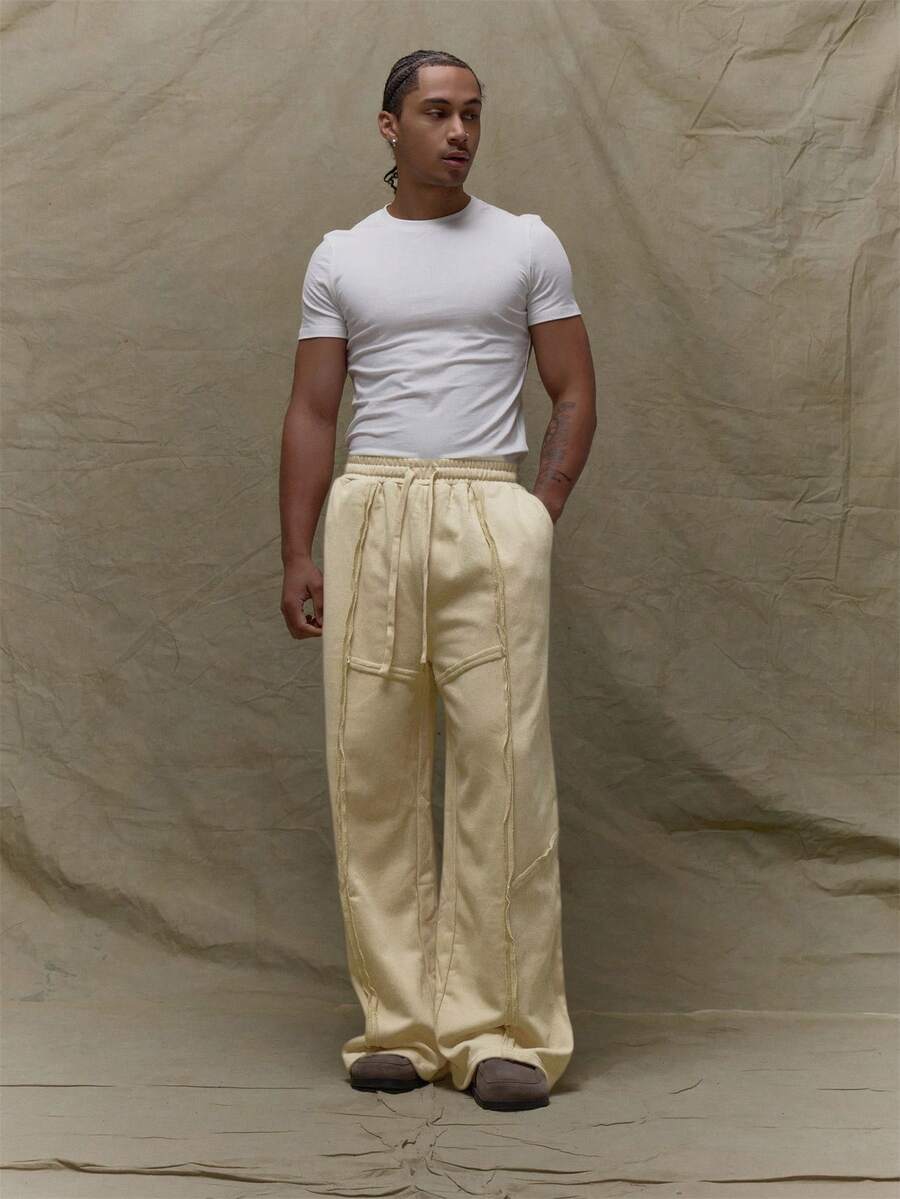 Musero Men Oversized Baggy Distressed Seam Detailing Elasticated Drawstring Waistband Jogger Sweatpants SPRING SUMMER - Beige - View 1