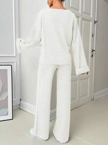 EURMUSE Women V-Neck Flare Sleeve Detailed Sweater And Pant Set - Cream - View 2