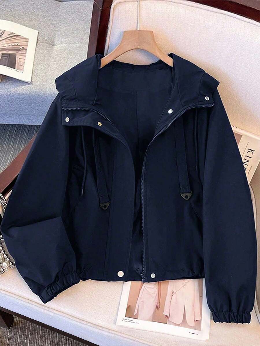 GlowEve CURVE Plus Size Women's Solid Color Casual Sporty Short Hooded Jacket, Water-Resistant, 2025 Autumn New Arrival, Suitable For Outdoor & Sports Fall - Navy Blue - View 1