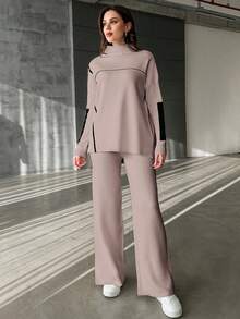 EURMUSE 2pcs/Set Women Solid Color Patchwork Long Sleeve Minimalist Top And Pants Set - Pink - View 3