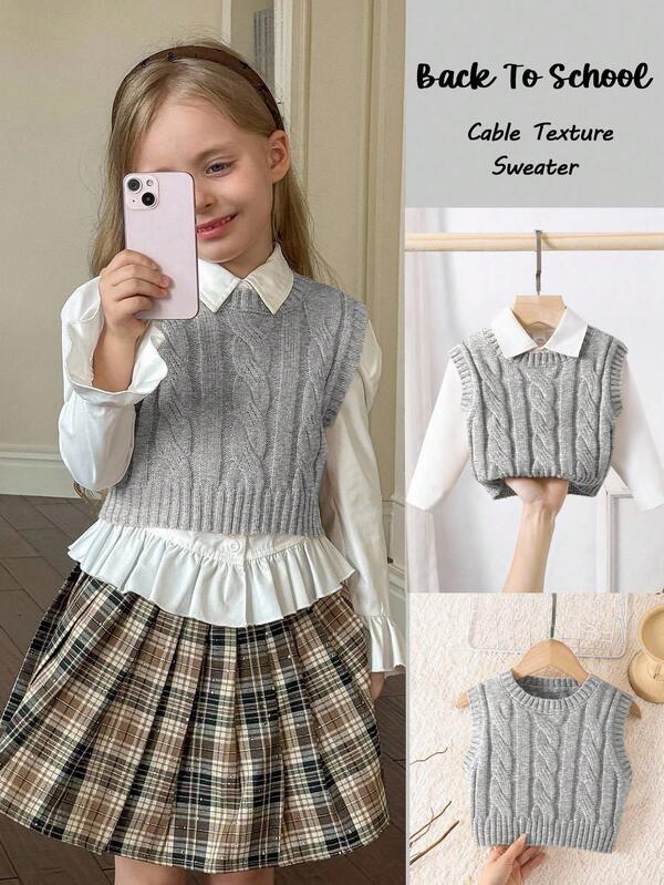 SHEIN Colete de malha canelada para meninas com textura de cabo, elegante e fofo, de alta qualidade, quente e macio, versátil para brincar, uso diário, escola, outono e inverno, combinando com camisa branca, temporada de volta às aulas. Estilo universitário.