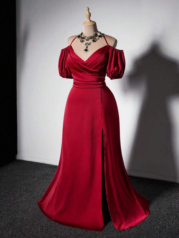 Grovea Plus Size Elegant Sexy Pleated Slit Camisole Dress