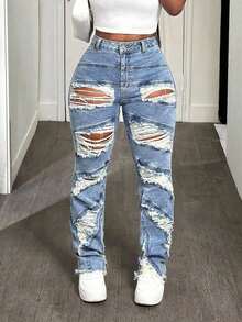 SHEIN SXY 加大码女式牛仔风格破洞秋季 Y2K 宽松破洞牛仔牛仔裤 - 淺色水洗藍 - 查看 7