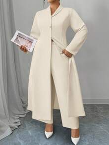 SHEIN Tall CURVE Elenzga 2件套加大码女式纯色纽扣领长夹克和长裤套装 - 杏色 - 查看 5