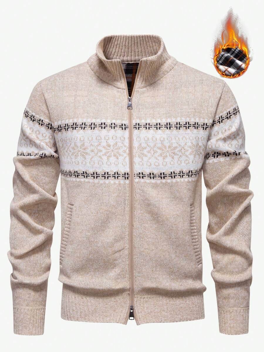 Manfinity Homme كارديجان رجالي كاجوال بسحاب وبطانة حرارية ذو نمط هندسي، مناسب للتنقل والارتداء اليومي، خريف/شتاء