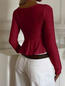 CovetEZ Women's Autumn Solid Color V-Neck Long Sleeve Knit T-Shirt, Burgundy Wine Red Top Burgundy Top Dark Red Top Red Long Sleeve Top Red Top Cute Red Top - Burgundy - View 2