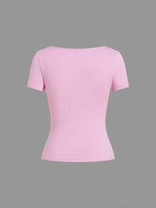 SHEIN EZwear Bộ 5 áo thun nữ cổ tròn tay ngắn màu trơn, kiểu dáng cơ bản, nhiều màu - Hồng - Xem 9