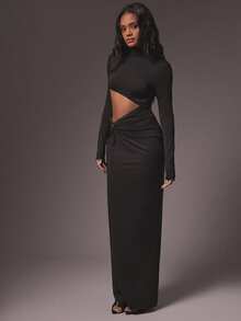 Hauture 女式性感立领腰部镂空长袖超长连衣裙，带有时尚金属装饰 - 黑色 - 查看 5