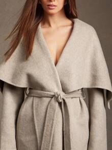 L'Amorae 女士纯色腰带裹身优雅长袖外套 - 卡其色 - 查看 6