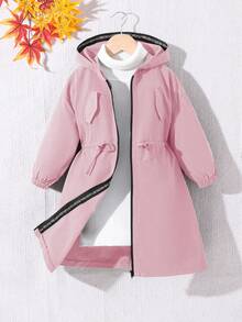SHEIN 女童休闲字母装饰宽松文字织带连帽口袋中长款派克大衣，风衣，梭织双排扣翻领宽松长款防风外套，休闲军装风，适合通勤和户外活动穿着，Y2K风格，适合返校季，母女亲子装，秋冬季女装 - 淺粉色 - 查看 3