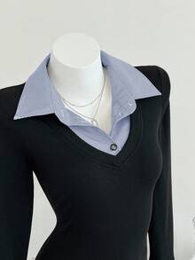 Elamini 女士休闲合身针织条纹衬衫