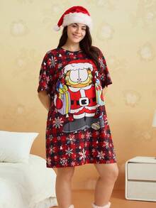 GARFIELD | SHEIN Vestido de Dormir Solto com Estampa Xadrez Quadriculada de Floco de Neve e Desenho Animado Plus Size para Mulheres, Vestido de Dormir Moo Moo - Vermelho - Visão 4