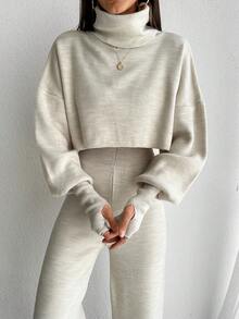 EURMUSE High Neck Bubble Sleeve Knitted Knitted Two Piece Set - Beige - View 6