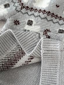 SHEIN Playful Pals 男婴休闲、时尚、简约可爱的灰色 Fair Island 针织圆领长袖毛衣，饰有小羊图案和条纹针织长裤，适合日常生活、旅行、度假、居家和托儿所穿着。 - 淺灰色 - 查看 7