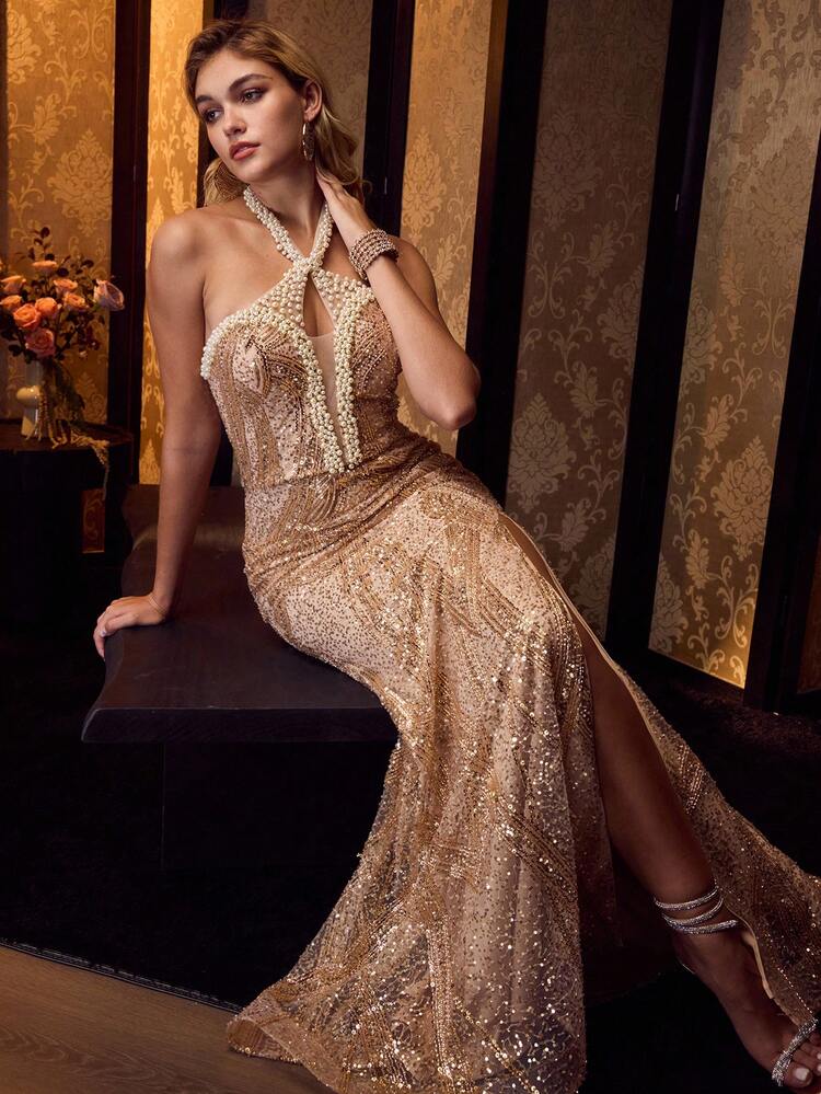 MOTF Soiréza ELEGANT HALTER NECK SLEEVELESS FAUX PEARL BEADED HIGH-SLIT MERMAID HEM GOWN, FOR FALL/WINTER FORMAL EVENTS & GALAS