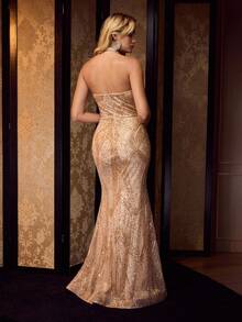 MOTF Soiréza 优雅露背无袖人造珍珠串珠高开衩美人鱼下摆礼服，适合秋冬正式活动和庆典 - 香檳色 - 查看 4