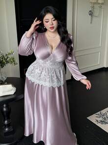 Flirla Elegant Contrast Lace Long Dress Bride Purple Gown - Mauve Purple - View 1