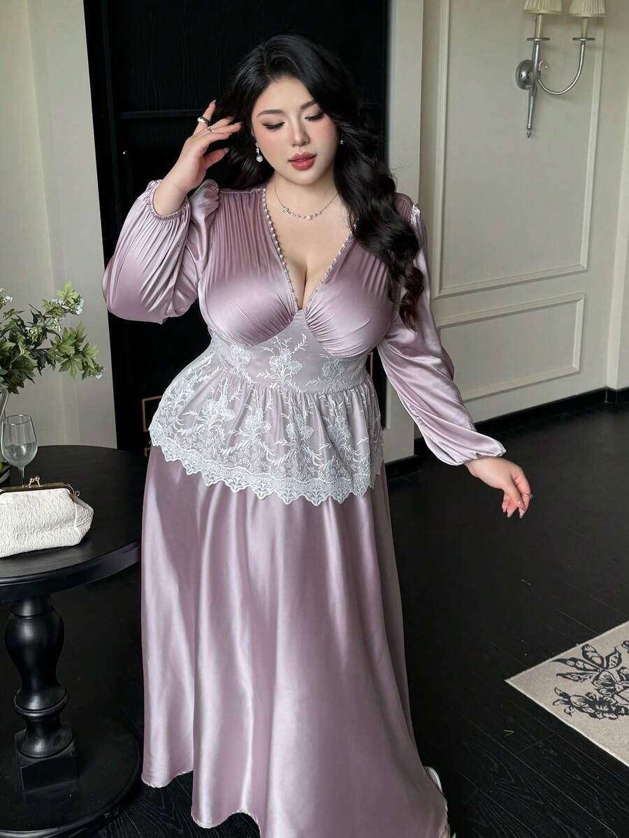 Flirla Elegant Contrast Lace Long Dress Bride Purple Gown - Mauve Purple - View 1