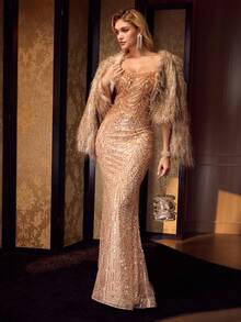 MOTF Soiréza 奢华串珠露肩美人鱼拖地长裙，露肩 U 领，后背带饰，珍珠链装饰，修身廓形，适合特殊场合