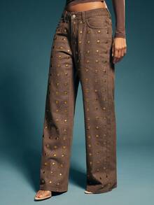 Denimoi Gold Studded Detail Straight Leg Denim Jeans, Fashionable, Fall And Winter - Brown - View 4