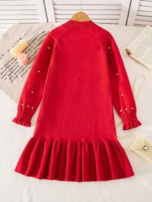 Sparklyn Christmas,Halloween Clothing For Kids,Winter,Wednesday,Black Dress,Tween Girl Round Neck Raglan Sleeve Beaded Ruffle Hem Knit Sweater Dress Girls Sweater Dress Red Kids Dress Long Sleeve Kids Dress Autumn Dress Kids Girls Autumn Dress